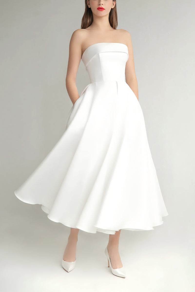 A-Line Tea Length Mikado Little White Dress 100023 - COCOMELODY